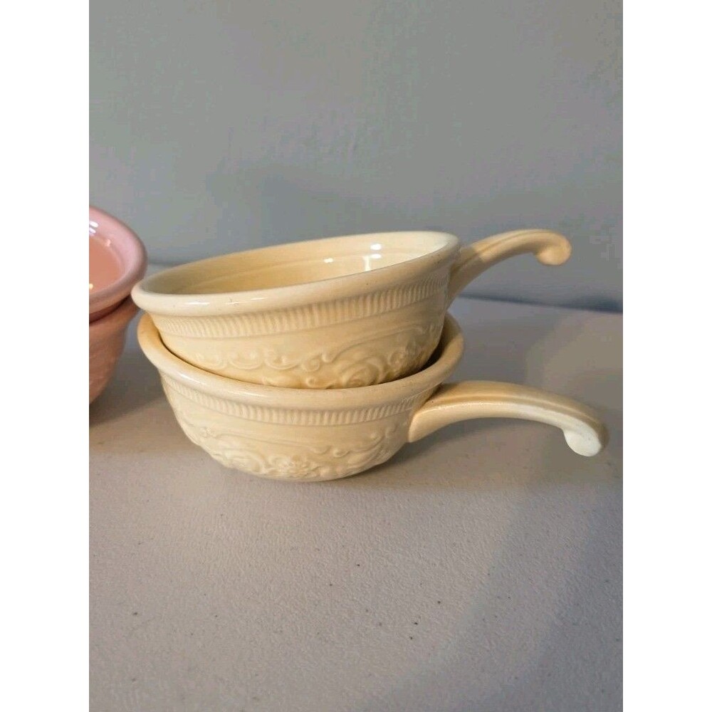 VTG Genuine Oven Serve Ware Pink Yellow Soup Bowl Floral Handle T.S.T. Set of 4 - Picture 4 of 12